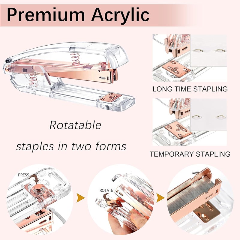 Dimonluce Rose Gold Desk Accessories, Office Supplies Desk Organizers 360°Pen Holder Acrylic Stapler Set, Phone Holder, Ballpoint Pen, Scissor, Binder Clips, Ruler, Transparent Glue, Sticky Note and Staples. - Image 3